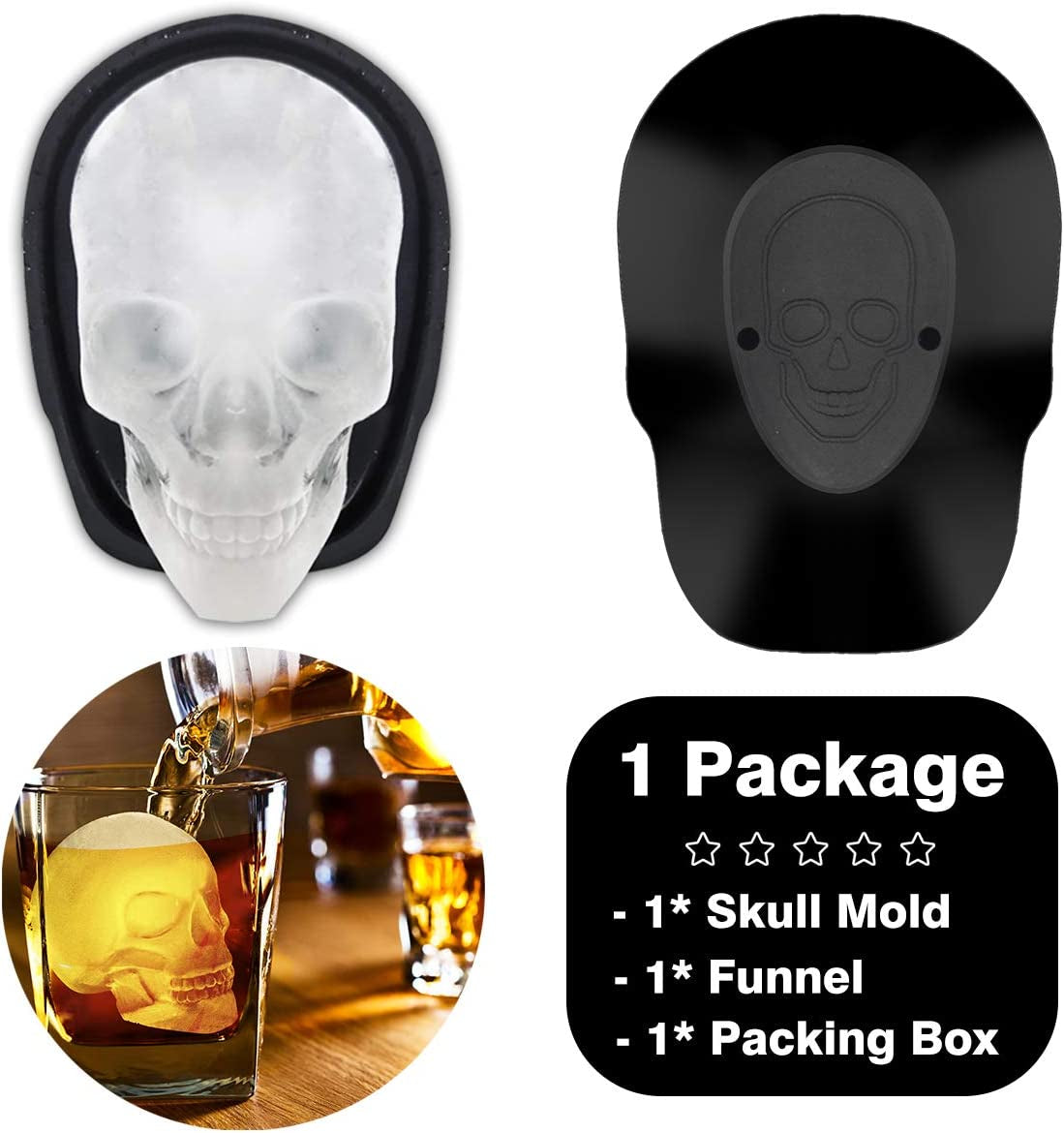 Extra Large 3D Skull Ice Cube Mold Silicone Ice Molds for Whiskey Ice Cube Trays with Funnel for Big Mouth Cup Skull Ice Maker with Resin Chocolate Sugar Whiskey Ice Mold for Parties (1 PCS)