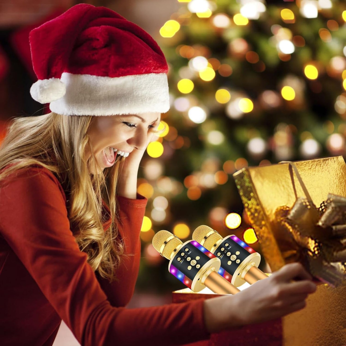 Karaoke Microphone for Kids & Adults - Bluetooth Microphones Singing Mic with Disco Lights, Echo Effect, Built-In Speaker Portable Karaoke Player for Party Travel Gifts Q78(Gold)