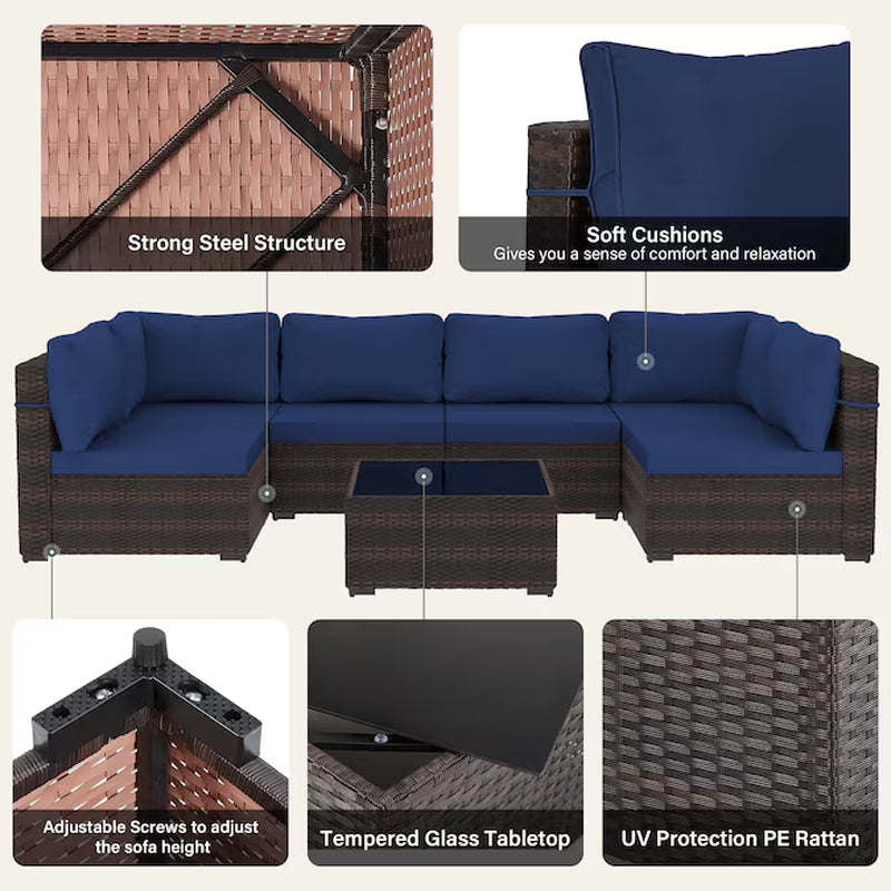 7 -Piece Rattan Patio Conversation Set with Blue Cushions