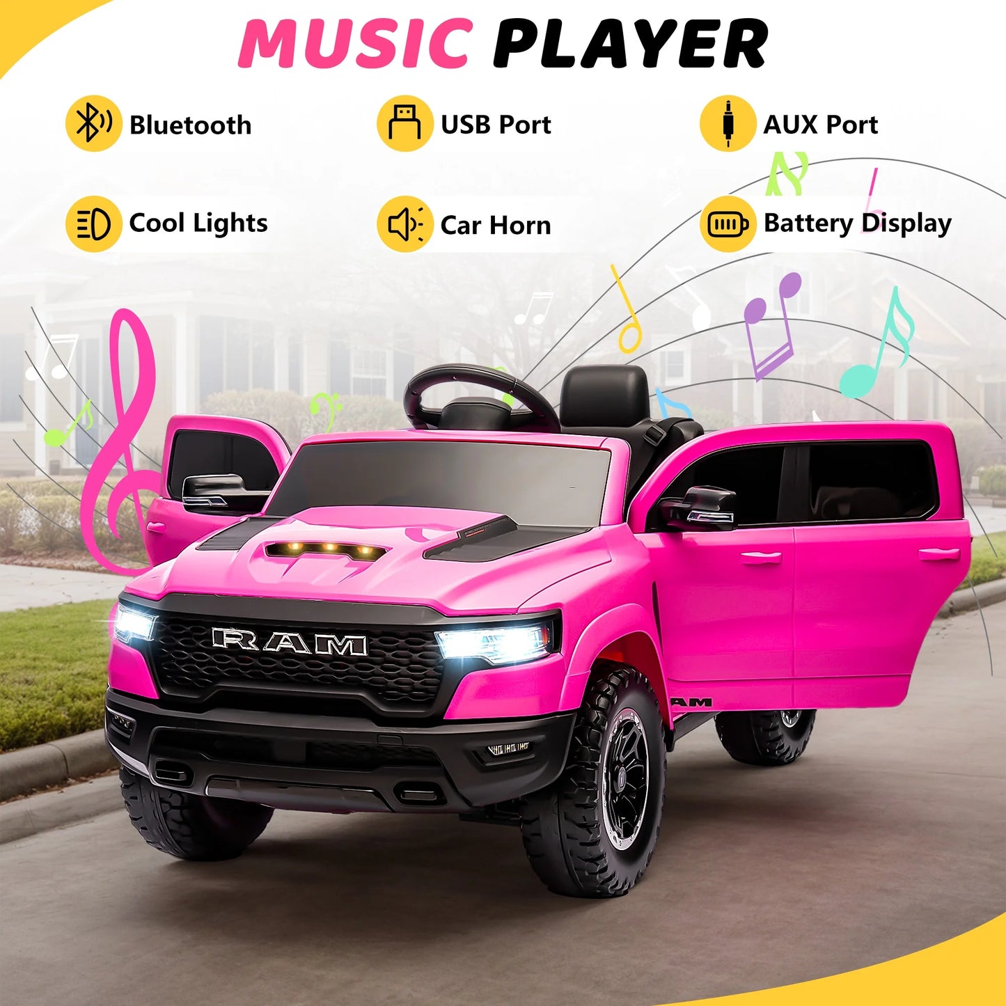 RAM 1500 Ride on Car Toy for Kids, 12V Powered Ride on Truck Toy with Remote Control, 4 Wheel Suspension, Safety Belt, Music, Bluetooth, LED Lights, Electric Cars for 3-5 Yrs Boy Girl, Pink