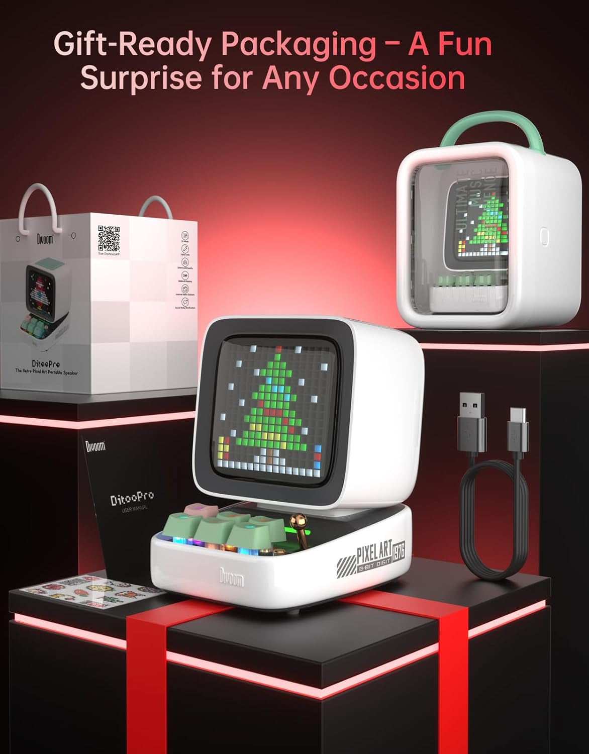 Ditoo Pro Retro Pixel Art Game Bluetooth Speaker with 16X16 LED App Controlled Front Screen (White)