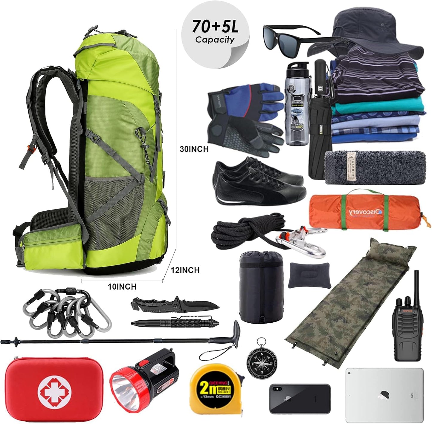 75L Hiking Backpack with Rain Cover Waterproof Camping Backpack Shoes Warehouse for Men Women, Frameless