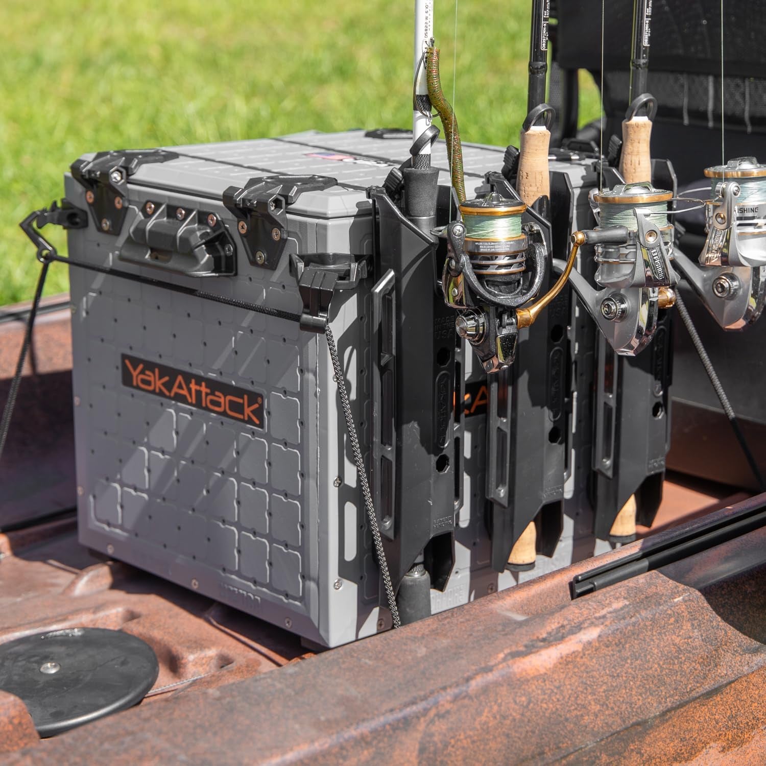 Blackpak Pro 13" X 13" Fishing Crate with 3 Rod Holders - Battleship Grey | Compact Tackle Storage Box & Gear Organizer for Kayaks | Lightweight, Durable & Customizable Marine Accessory