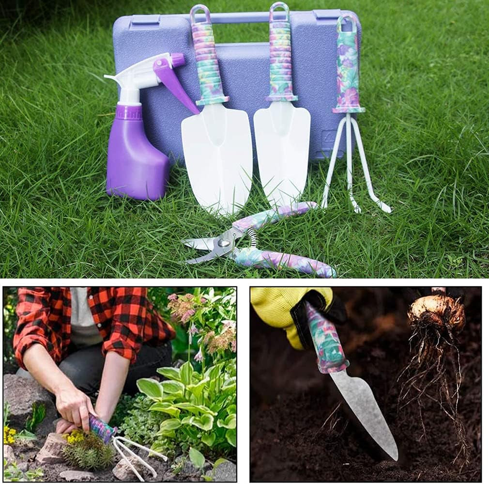 Gardening Tools,5 Pieces Garden Tools with Floral Print, Ergonomic Handle Trowel Rake Weeder Pruner Shears Sprayer,Gardening Supplies with Carrying Case Gifts for Women