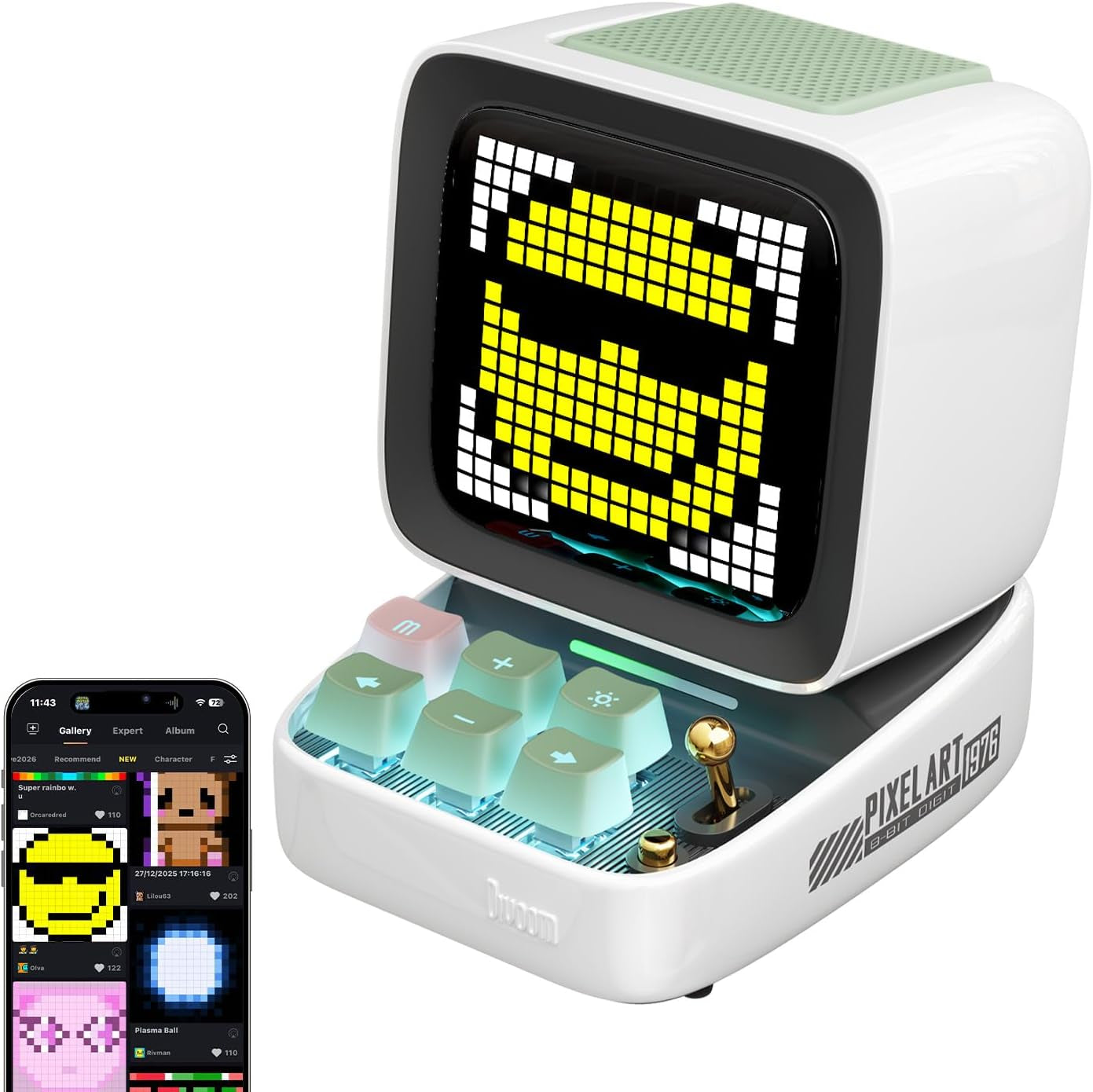 Ditoo Pro Retro Pixel Art Game Bluetooth Speaker with 16X16 LED App Controlled Front Screen (White)