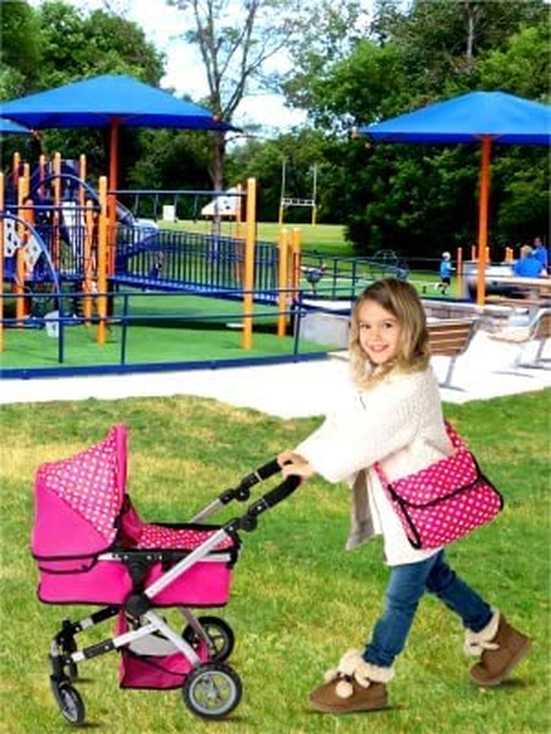 Foldable Pram for Baby Doll with Polka Dots Design with Swiveling Wheel Adjustable Handle
