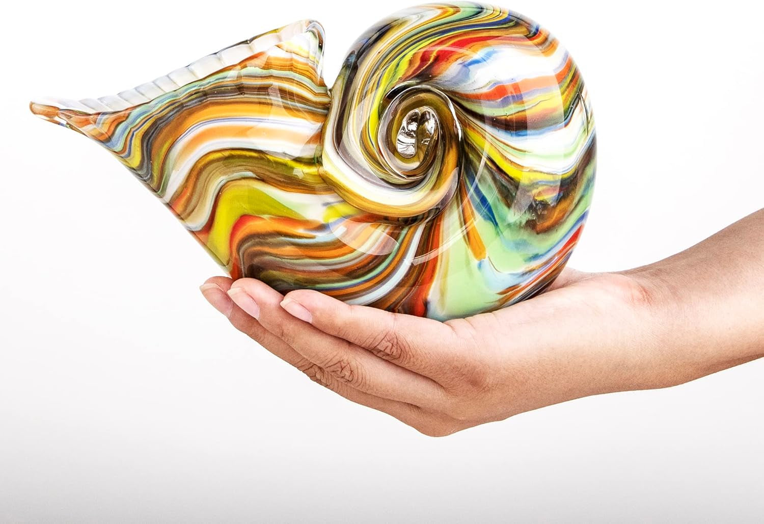 7.7" Glass Nautilus Conch Figurines, Hand Blown Seashell Art, Multicolor Glass Sculpture Beautiful Home Decor, Crystal Paperweight
