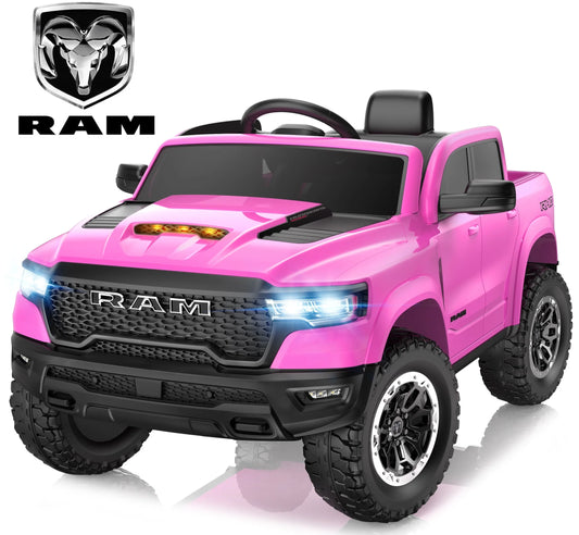 RAM 1500 Ride on Car Toy for Kids, 12V Powered Ride on Truck Toy with Remote Control, 4 Wheel Suspension, Safety Belt, Music, Bluetooth, LED Lights, Electric Cars for 3-5 Yrs Boy Girl, Pink