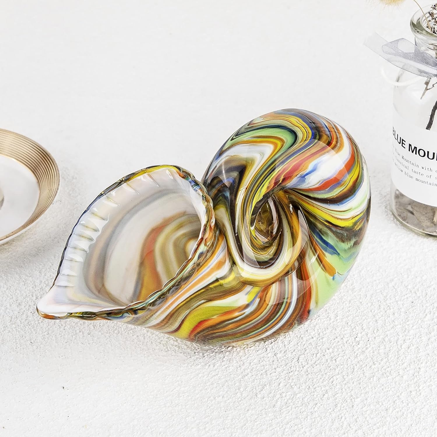 7.7" Glass Nautilus Conch Figurines, Hand Blown Seashell Art, Multicolor Glass Sculpture Beautiful Home Decor, Crystal Paperweight