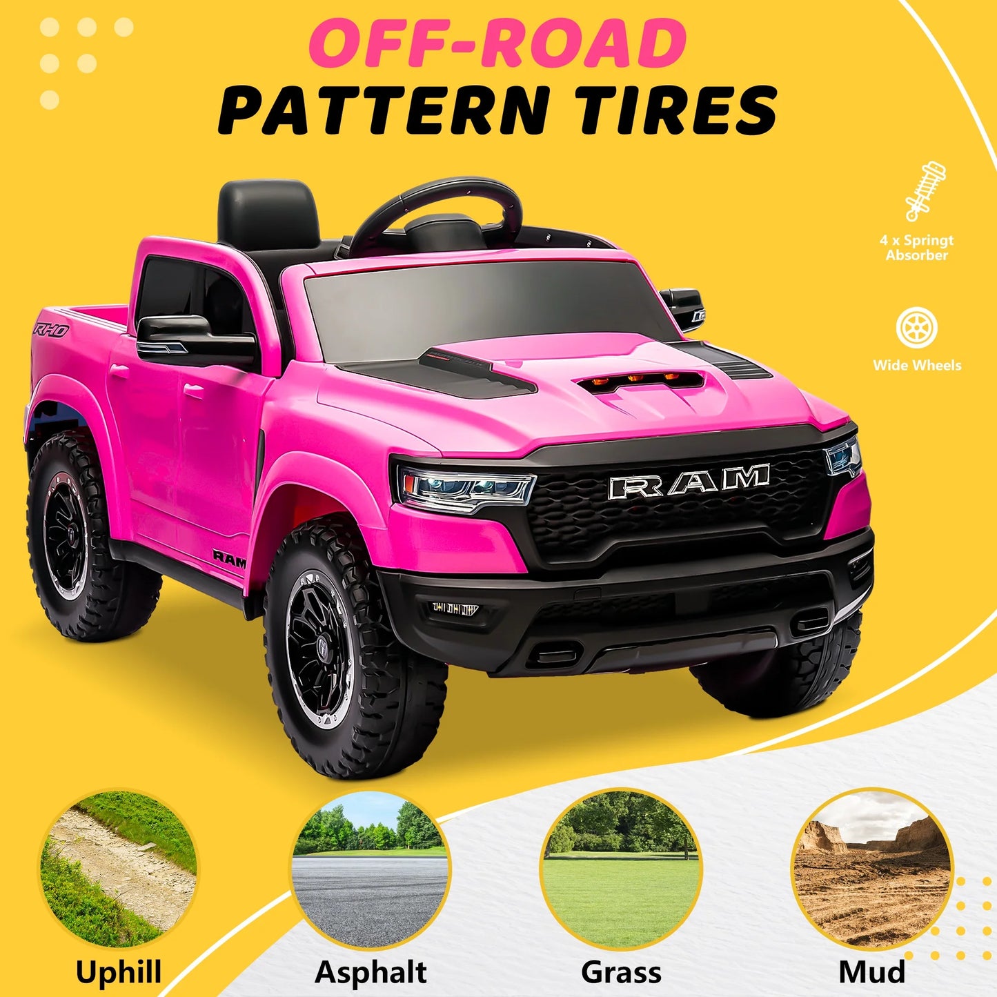RAM 1500 Ride on Car Toy for Kids, 12V Powered Ride on Truck Toy with Remote Control, 4 Wheel Suspension, Safety Belt, Music, Bluetooth, LED Lights, Electric Cars for 3-5 Yrs Boy Girl, Pink