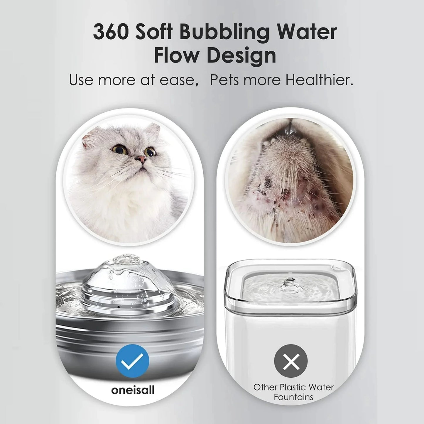 CW03 Cat Water Fountain 304 Stainless Steel, 2L/68Oz Quiet Cat Fountain for Cats Drinking, Dual Filtration Cat Water Bowl for Kittens, Silver