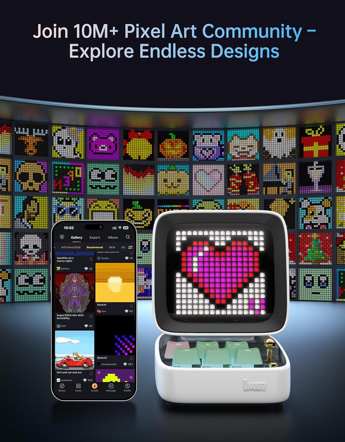 Ditoo Pro Retro Pixel Art Game Bluetooth Speaker with 16X16 LED App Controlled Front Screen (White)