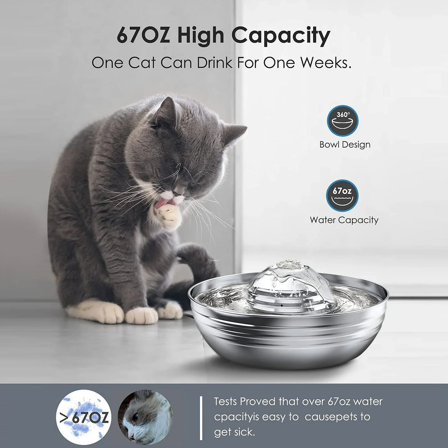 CW03 Cat Water Fountain 304 Stainless Steel, 2L/68Oz Quiet Cat Fountain for Cats Drinking, Dual Filtration Cat Water Bowl for Kittens, Silver