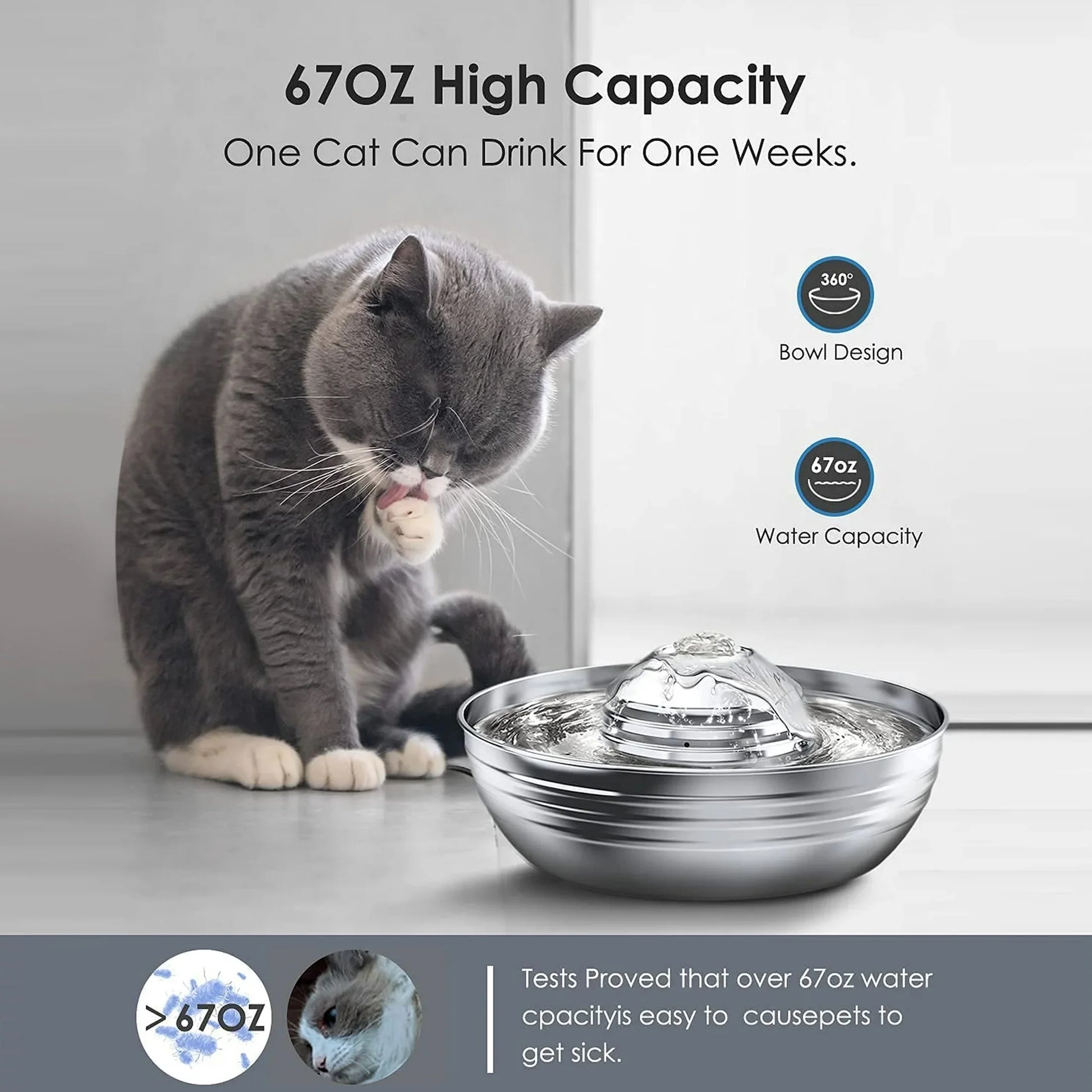 CW03 Cat Water Fountain 304 Stainless Steel, 2L/68Oz Quiet Cat Fountain for Cats Drinking, Dual Filtration Cat Water Bowl for Kittens, Silver