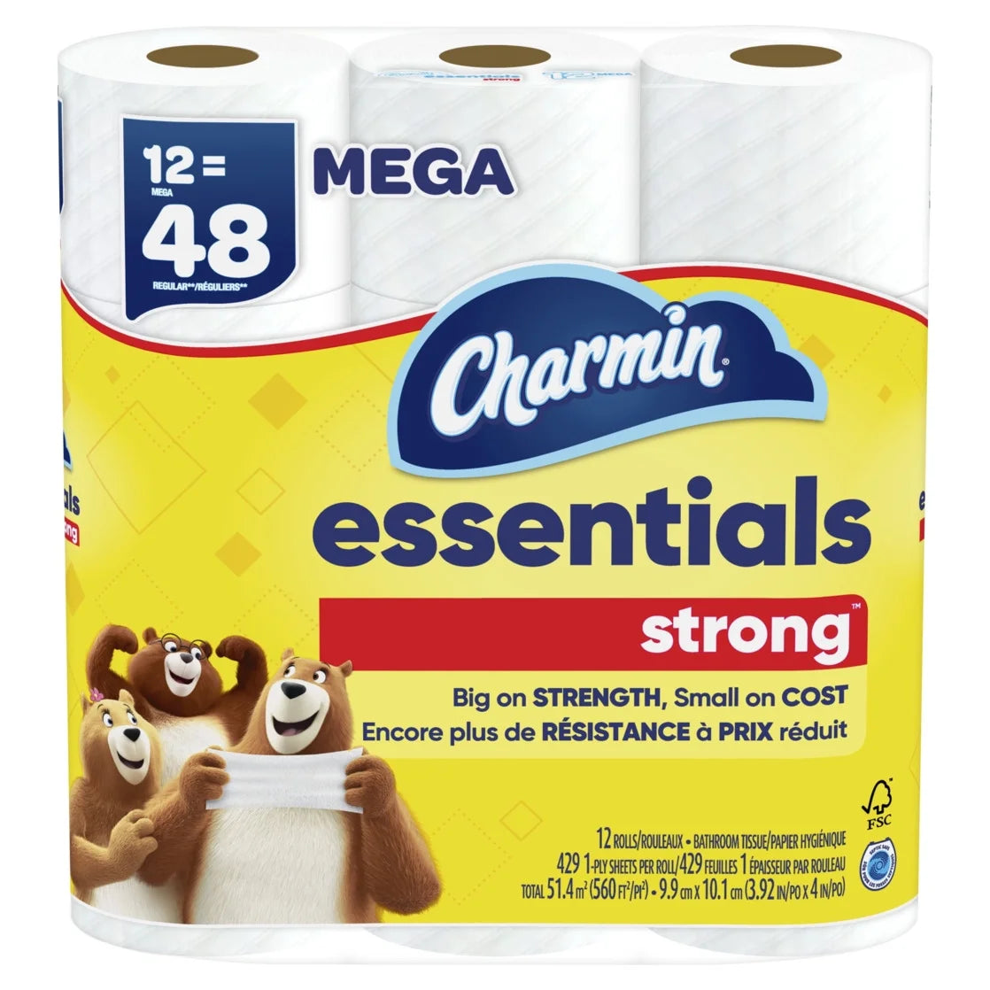 Essentials Strong Toilet Paper 12 Mega Rolls, 429 Sheets per Roll