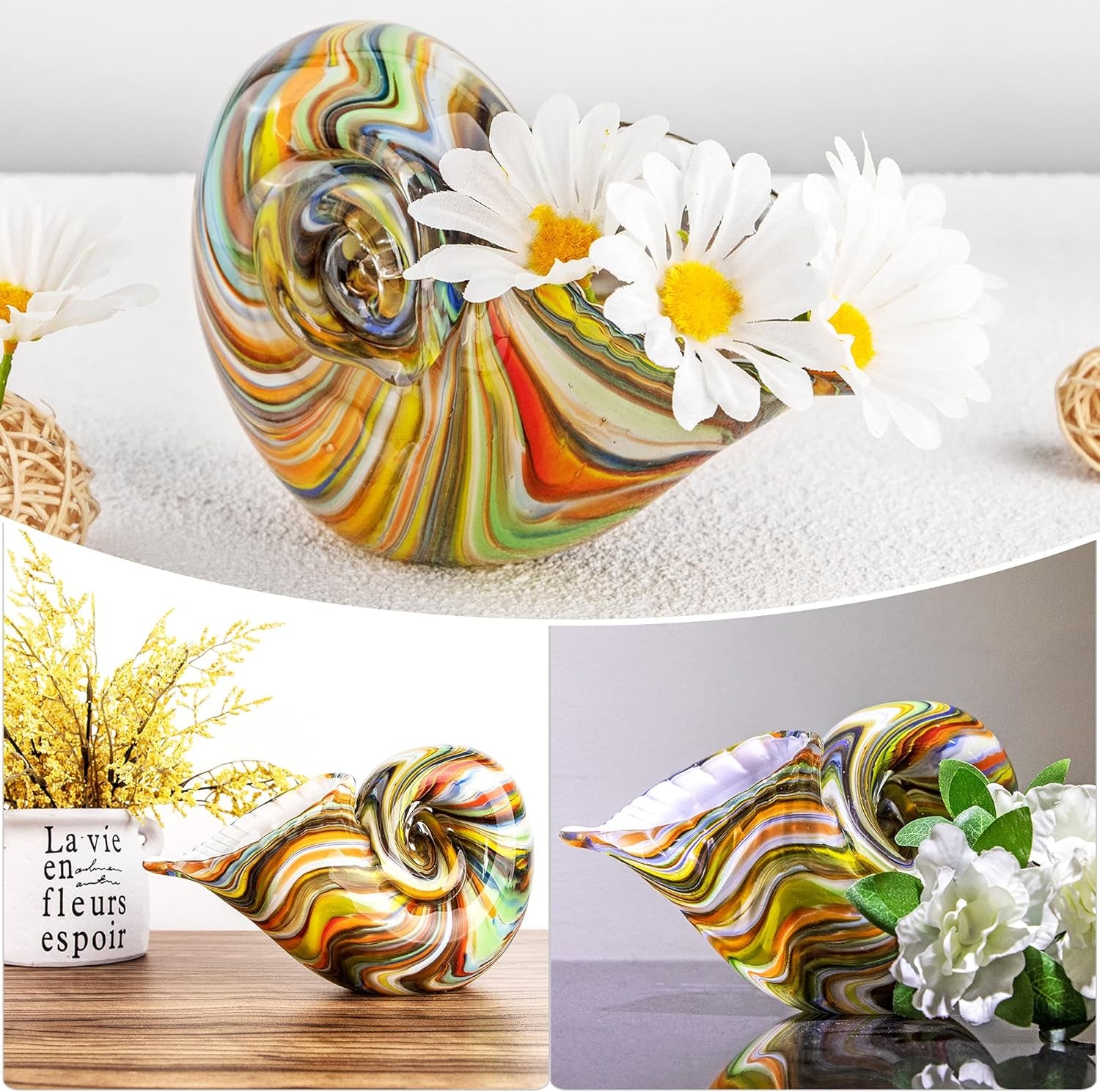 7.7" Glass Nautilus Conch Figurines, Hand Blown Seashell Art, Multicolor Glass Sculpture Beautiful Home Decor, Crystal Paperweight