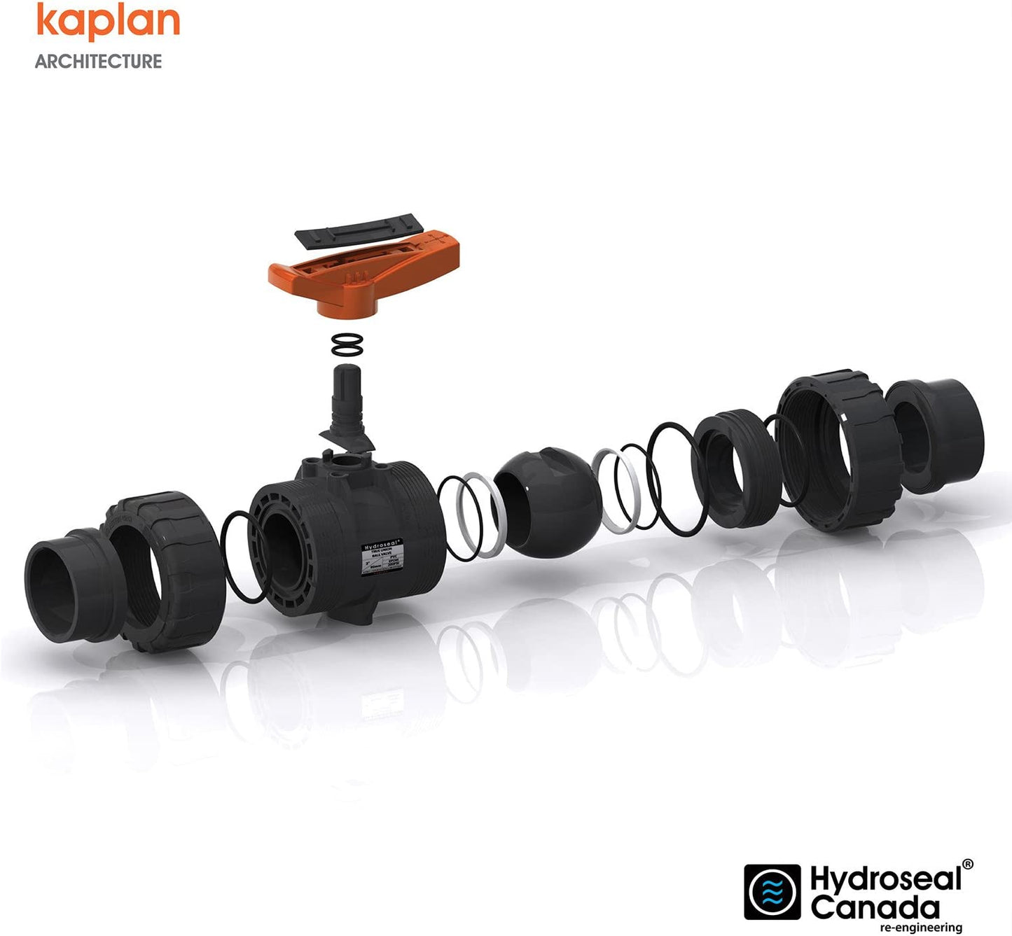 Kaplan 3" PVC True Union Ball Valve with Full Port, ASTM F1970, EPDM O-Rings and Reversible PTFE Seats, Rated at 200 PSI @73F, Gray, 3 Inch Socket