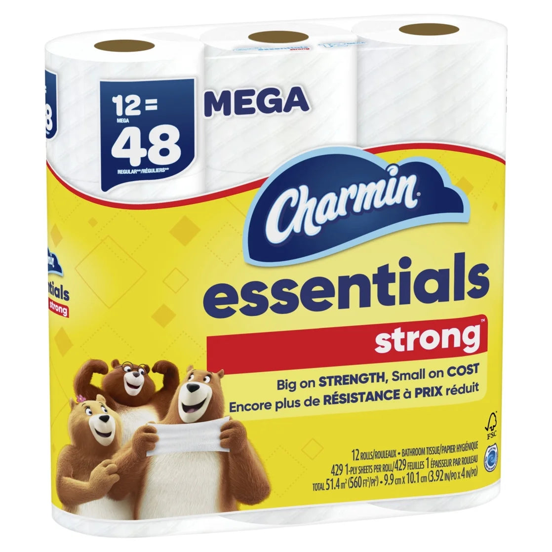 Essentials Strong Toilet Paper 12 Mega Rolls, 429 Sheets per Roll
