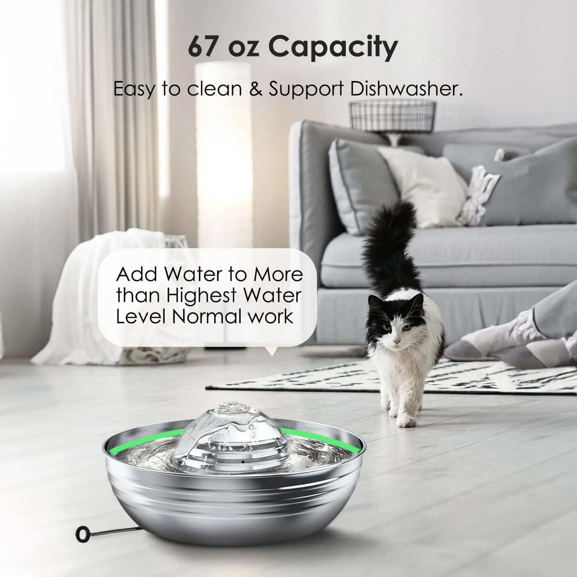 CW03 Cat Water Fountain 304 Stainless Steel, 2L/68Oz Quiet Cat Fountain for Cats Drinking, Dual Filtration Cat Water Bowl for Kittens, Silver