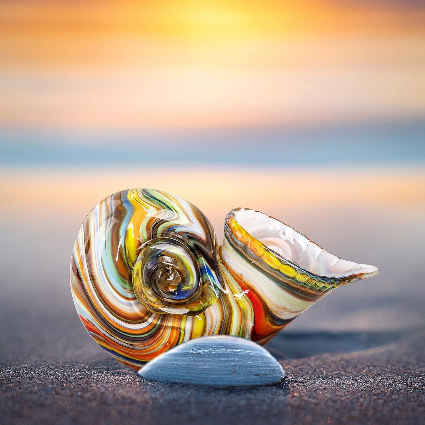 7.7" Glass Nautilus Conch Figurines, Hand Blown Seashell Art, Multicolor Glass Sculpture Beautiful Home Decor, Crystal Paperweight