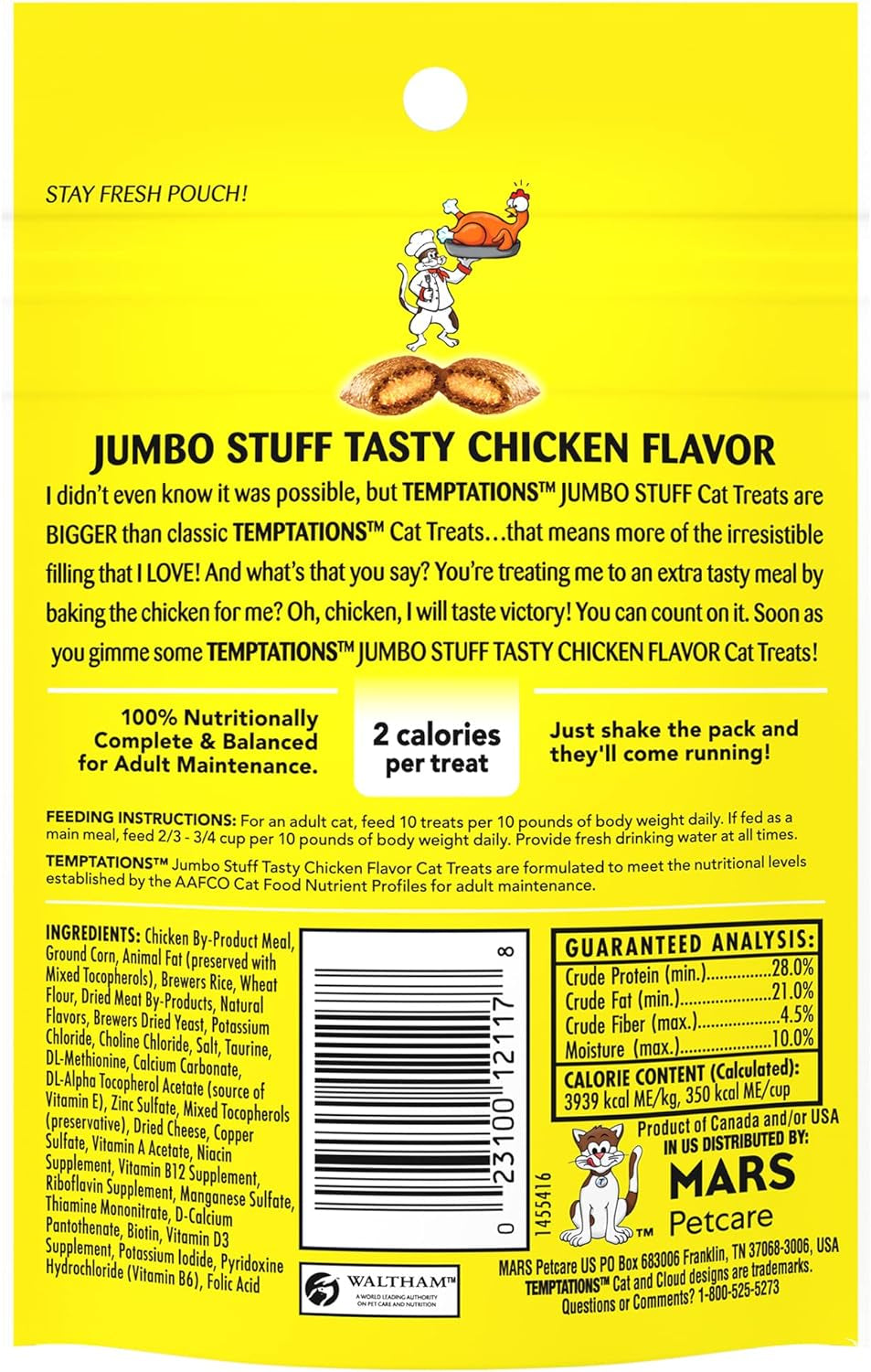 Jumbo Stuffed Cat Treats, Crunchy and Soft Cat Treats, Tasty Chicken Flavor, 2.5 Oz. Pouch (Pack of 12)