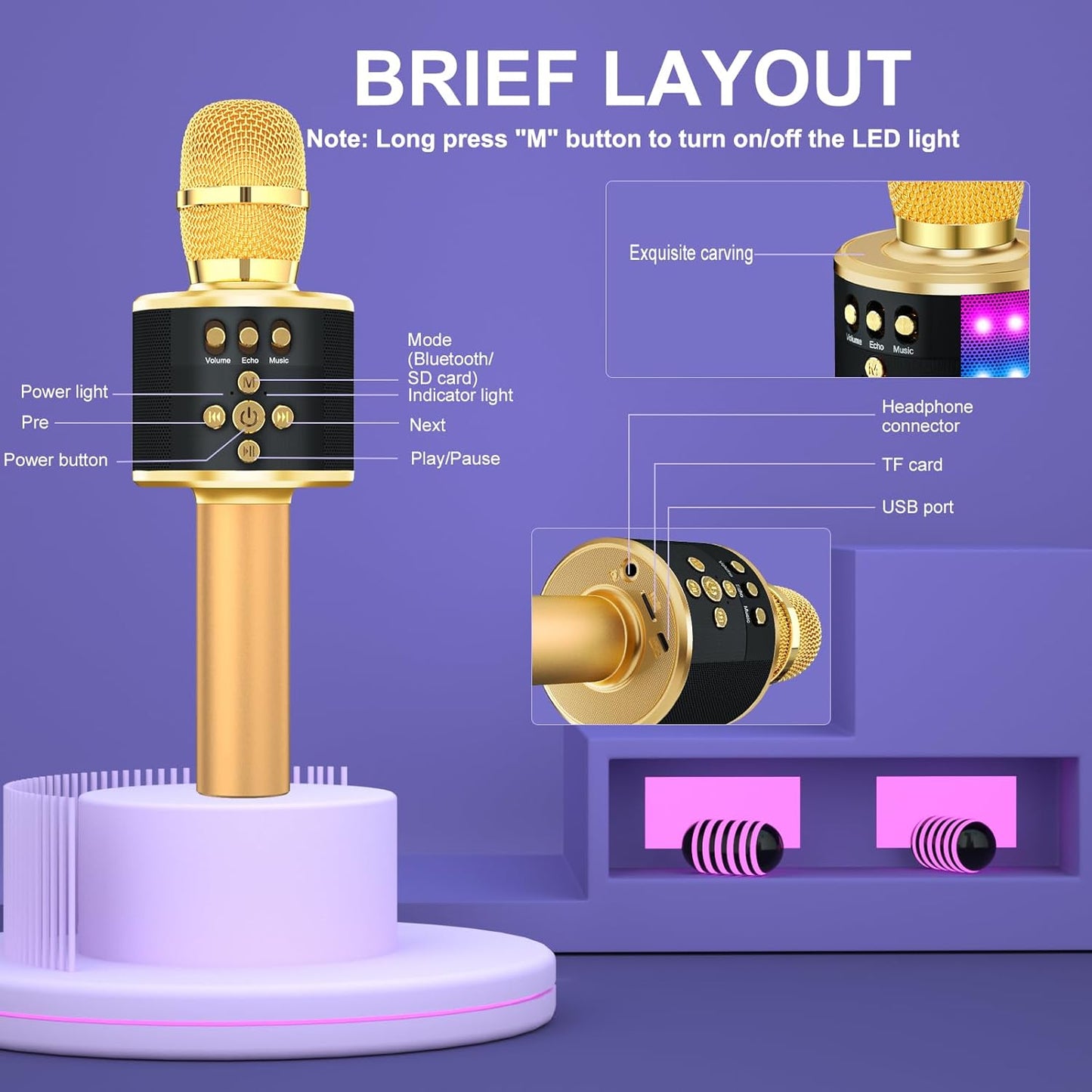 Karaoke Microphone for Kids & Adults - Bluetooth Microphones Singing Mic with Disco Lights, Echo Effect, Built-In Speaker Portable Karaoke Player for Party Travel Gifts Q78(Gold)