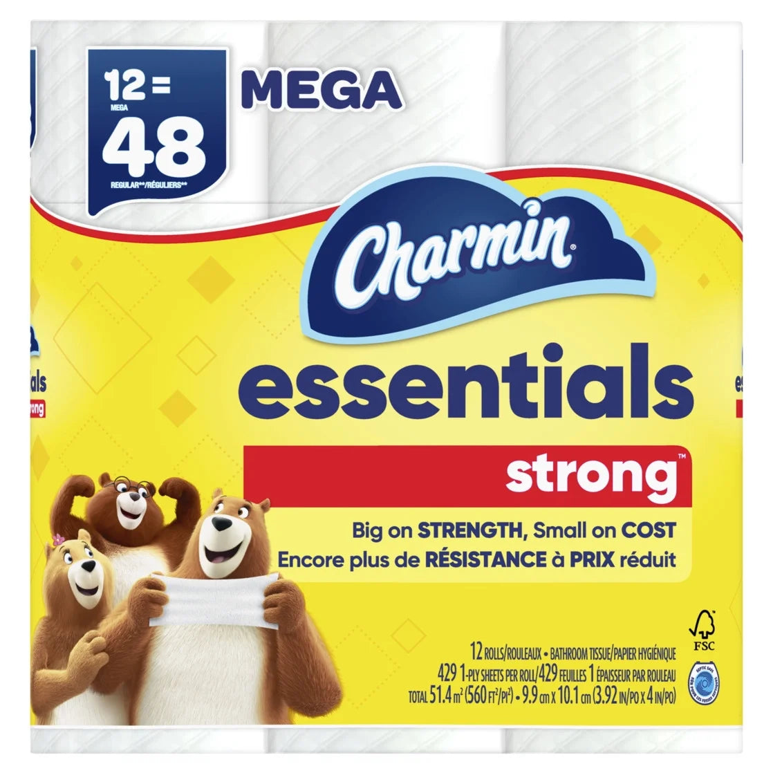 Essentials Strong Toilet Paper 12 Mega Rolls, 429 Sheets per Roll