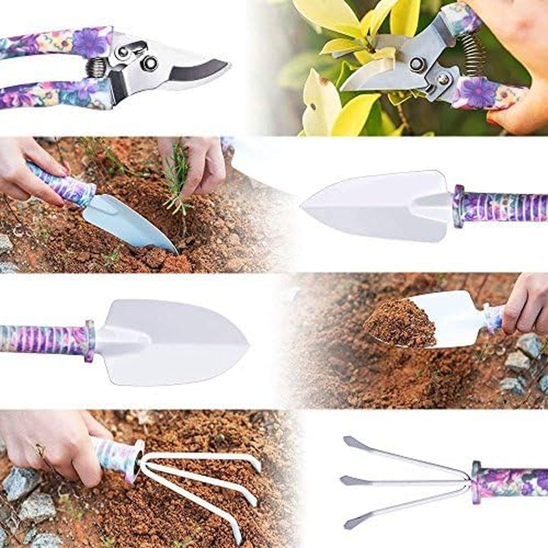 Gardening Tools,5 Pieces Garden Tools with Floral Print, Ergonomic Handle Trowel Rake Weeder Pruner Shears Sprayer,Gardening Supplies with Carrying Case Gifts for Women