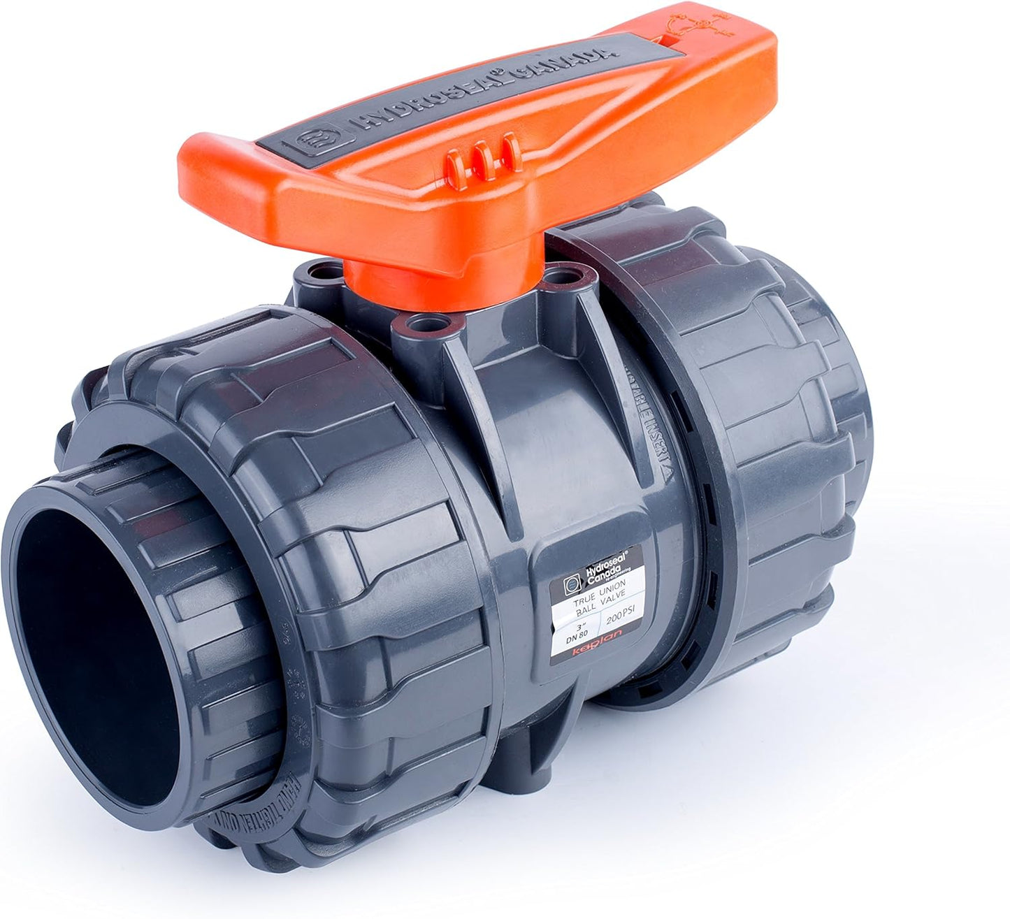 Kaplan 3" PVC True Union Ball Valve with Full Port, ASTM F1970, EPDM O-Rings and Reversible PTFE Seats, Rated at 200 PSI @73F, Gray, 3 Inch Socket