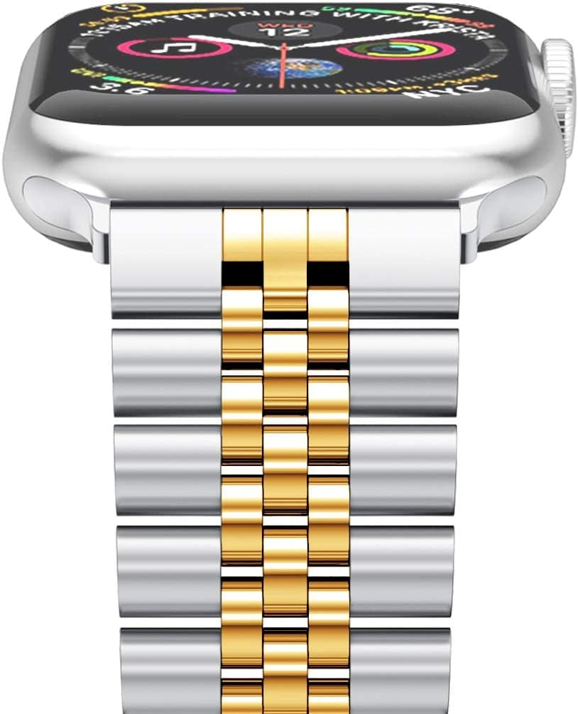 Compatible with Apple Watch Bands 42Mm (Series 11 10 )41Mm 40Mm 38Mm, Stainless Steel Heavy Iwatch Bands with Butterfly Folding Clasp Link Bracelet for Series 9/8/7/6/5/SE3/2/1 Women Men, Silver/Gold