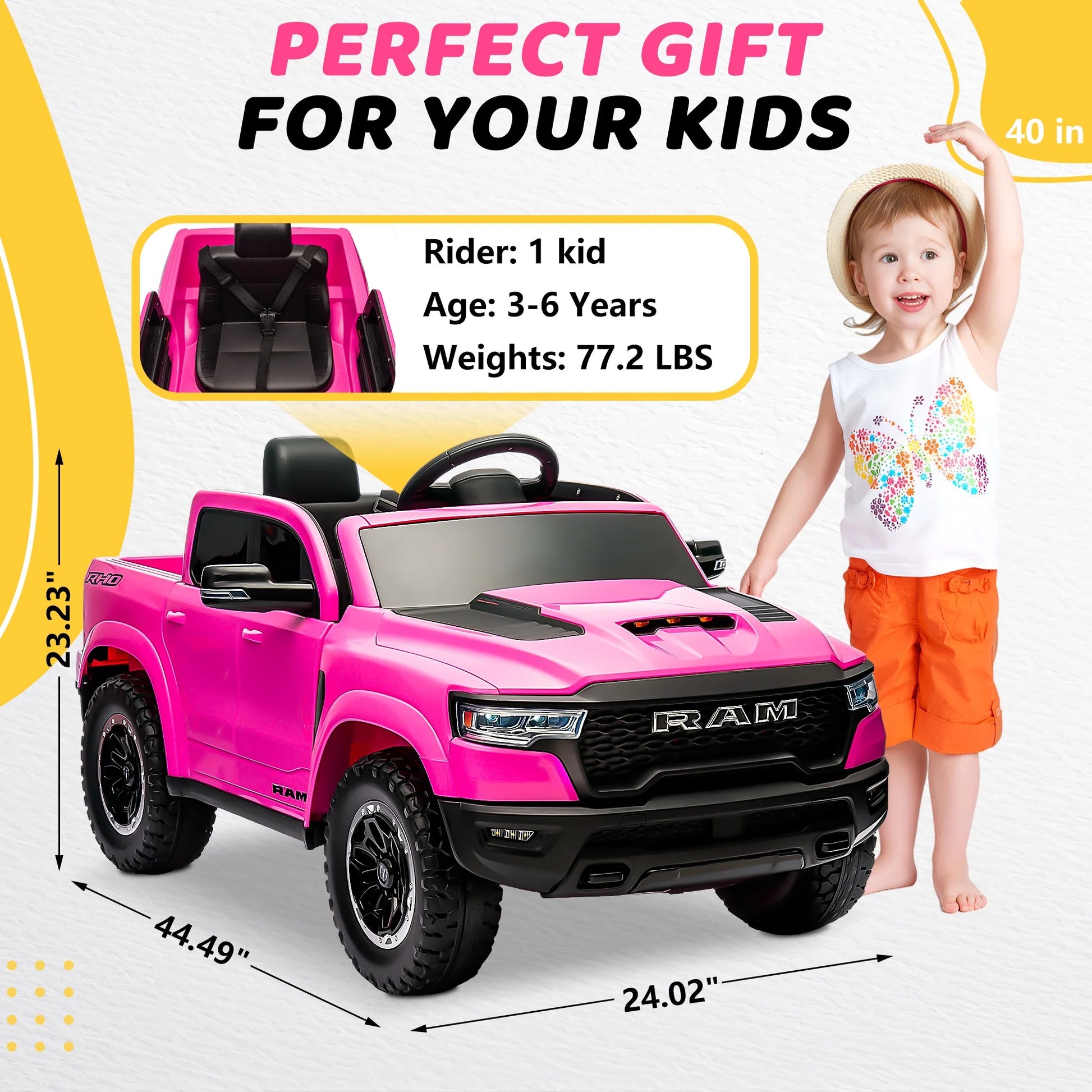 RAM 1500 Ride on Car Toy for Kids, 12V Powered Ride on Truck Toy with Remote Control, 4 Wheel Suspension, Safety Belt, Music, Bluetooth, LED Lights, Electric Cars for 3-5 Yrs Boy Girl, Pink