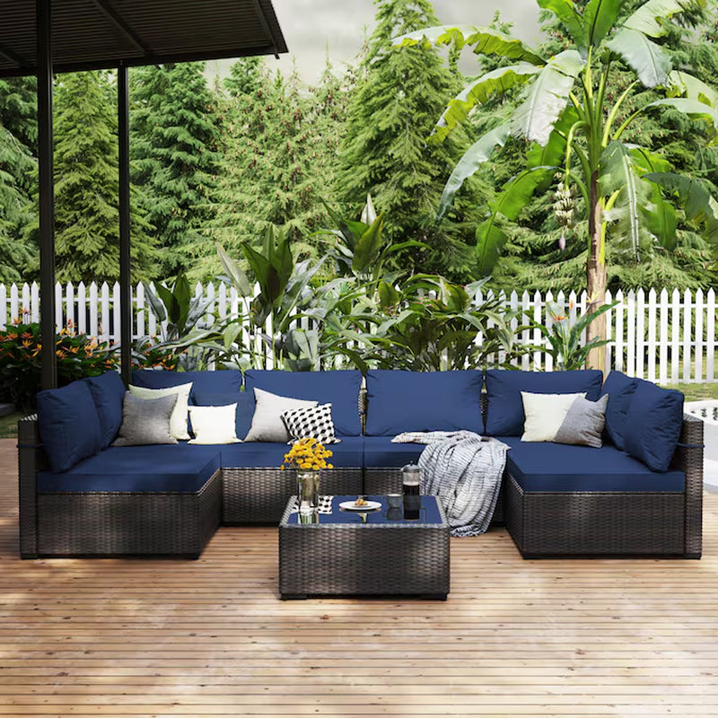 7 -Piece Rattan Patio Conversation Set with Blue Cushions