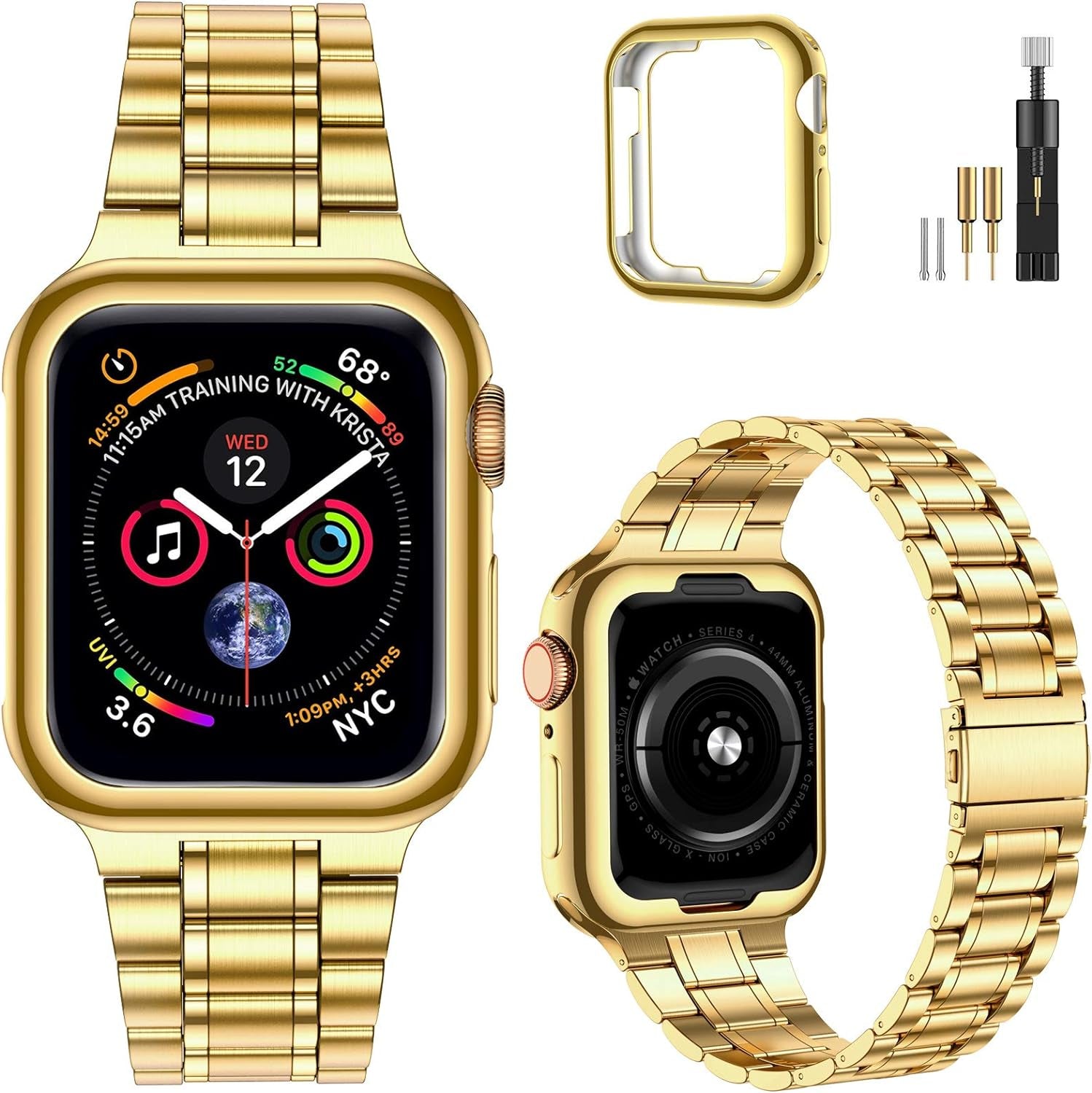 Solid Stainless Steel Band Compatible with Apple Watch 44Mm(Series 6/5/4/SE), 42Mm (Series 3/2/1), Metal Strap with Soft TPU Case for Iwatch Bands for Women and Men, Gold