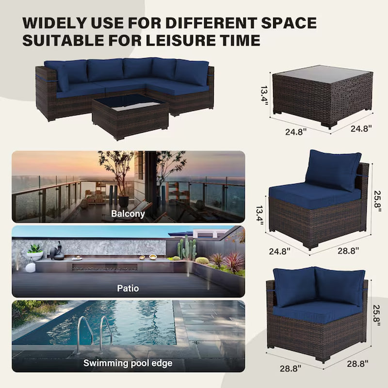 7 -Piece Rattan Patio Conversation Set with Blue Cushions