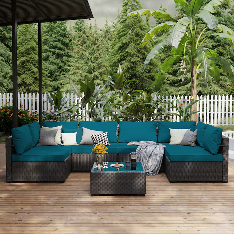 7 -Piece Rattan Patio Conversation Set with Blue Cushions