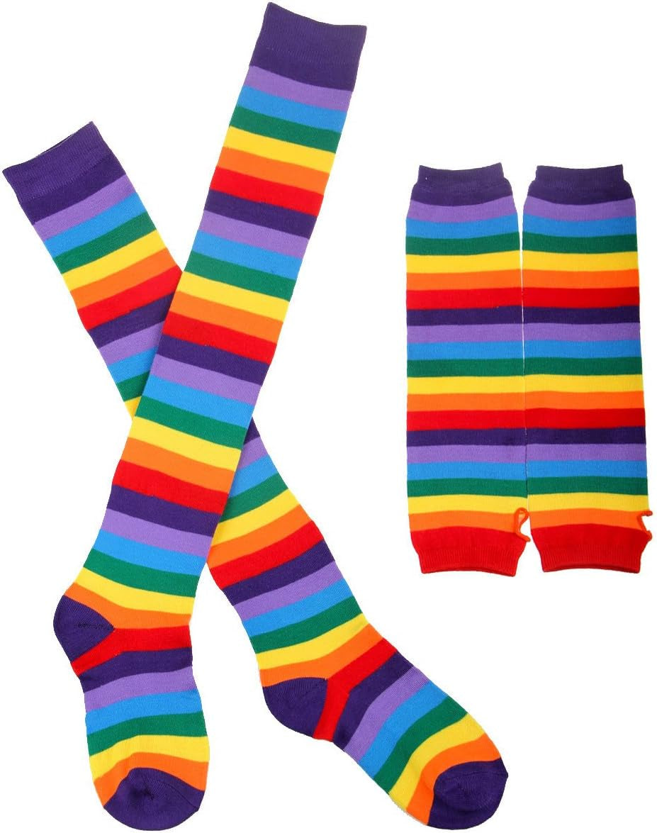 Womens Rainbow Socks Striped Knee High Socks Arm Warmer Fingerless Gloves Set