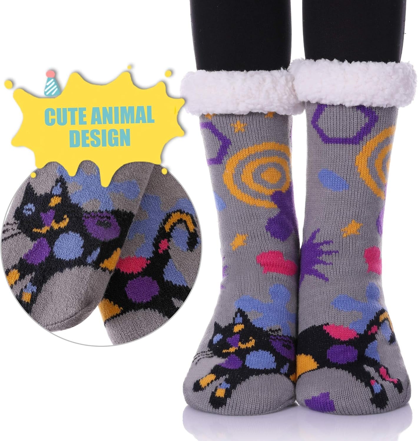 Non Slip Slipper Socks for Womens Fuzzy Soft Cozy Grippers Winter Warm Animal Fleece-Lined Home Socks
