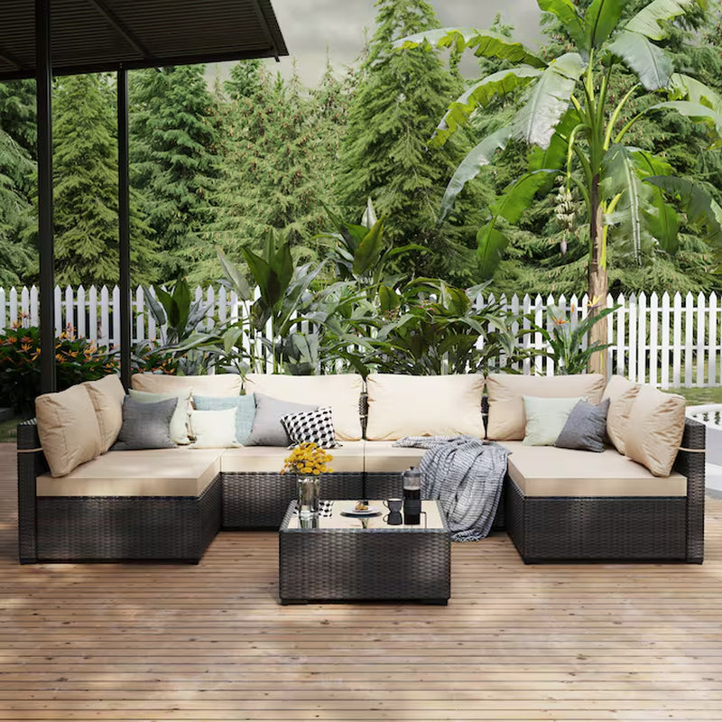 7 -Piece Rattan Patio Conversation Set with Blue Cushions