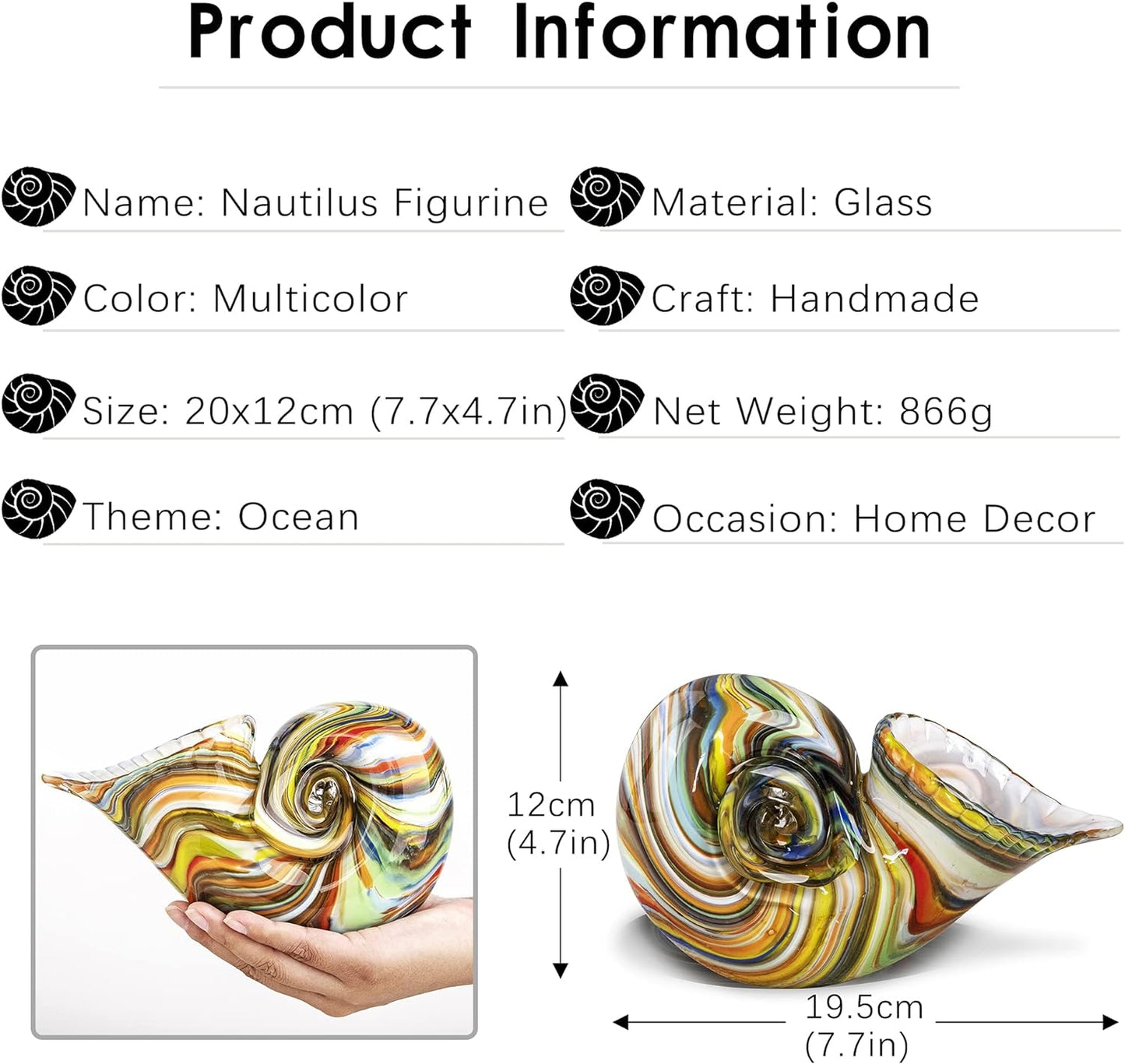 7.7" Glass Nautilus Conch Figurines, Hand Blown Seashell Art, Multicolor Glass Sculpture Beautiful Home Decor, Crystal Paperweight
