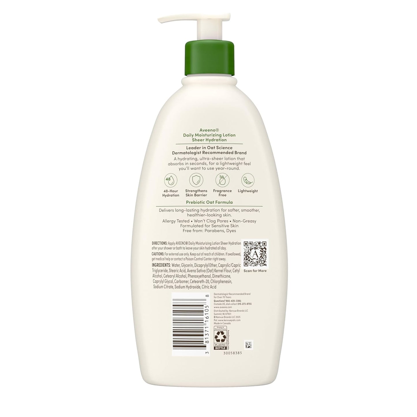 Sheer Hydration Fragrance-Free Daily Moisturizing Lotion with Prebiotic Oat for Dry Skin, Lightweight, Fast-Absorbing Body Moisturizer Nourishes Skin with 48-Hour Moisture, 18 Fl. Oz