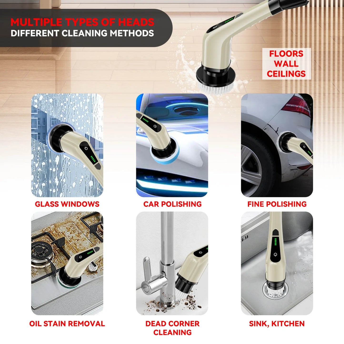 Electric Spin Scrubber, Cordless Bath Tub Power Scrubber with Long Handle & 7 Replaceable Heads, Shower Cleaning Brush Household Tools for Bathroom & Tile Floor