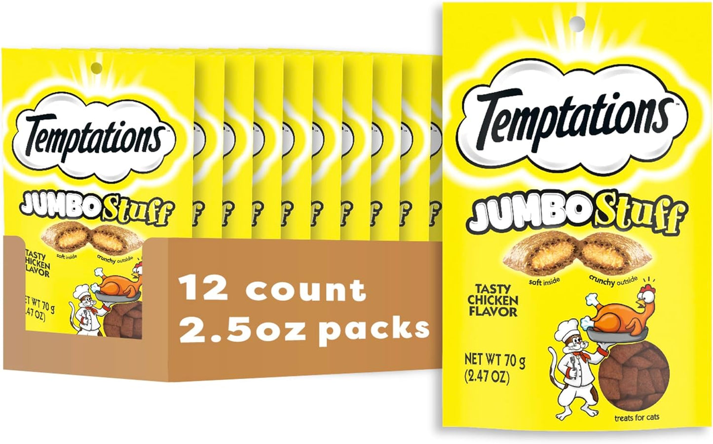 Jumbo Stuffed Cat Treats, Crunchy and Soft Cat Treats, Tasty Chicken Flavor, 2.5 Oz. Pouch (Pack of 12)
