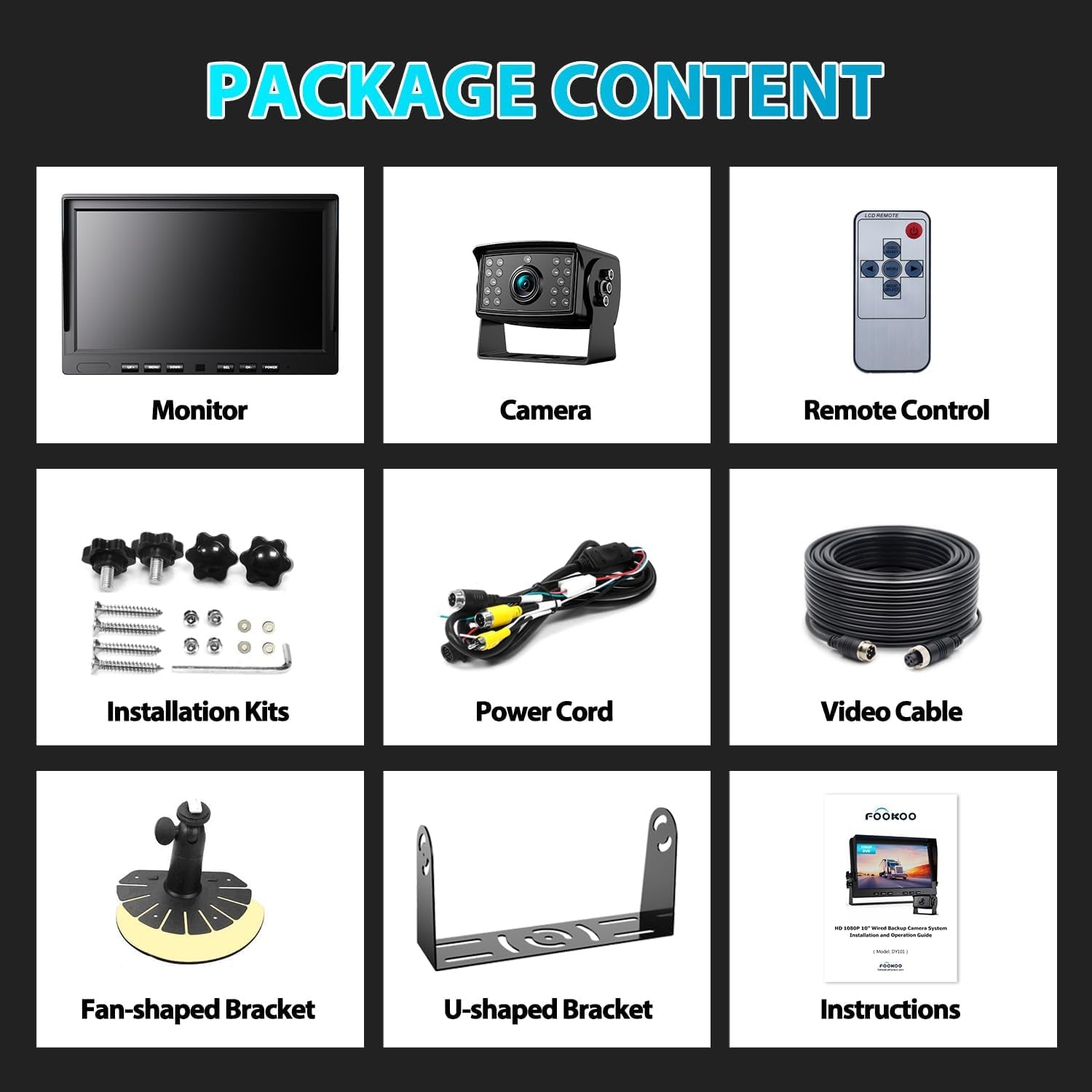 Ⅱ 10" 1080P Wired Backup Camera System,10-Inch HD Dual Split Screen Monitor with Recording IP69 Waterproof Rear View Camera Parking Lines Supports up to 2 Cameras for Truck/Trailer/Rv(Dy101)