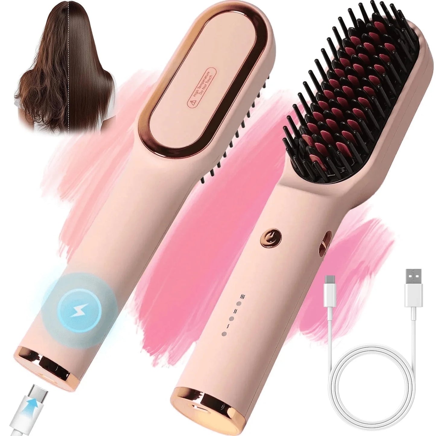 Hair Straightener Brush, Cordless Hair Straightener Brush Portable Hot Comb Straightener, USB Rechargeable & 3 Temp Settings & Anti-Scald, Pink