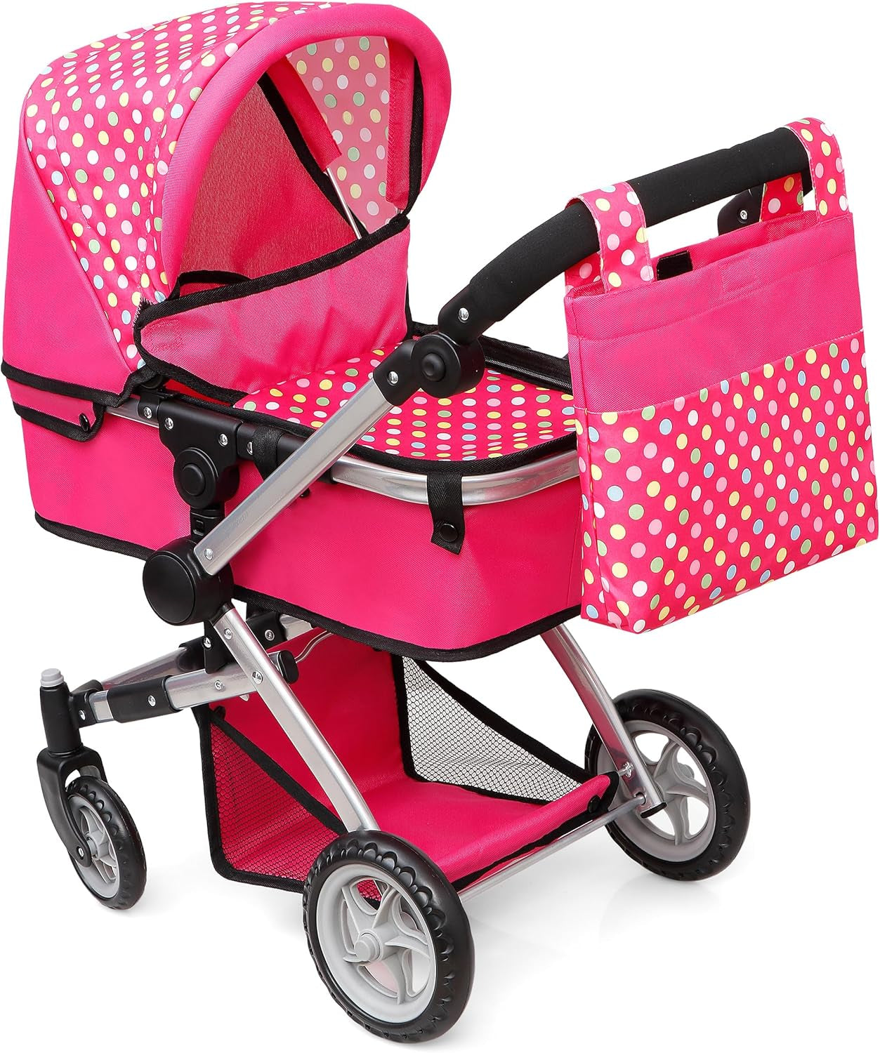Foldable Pram for Baby Doll with Polka Dots Design with Swiveling Wheel Adjustable Handle