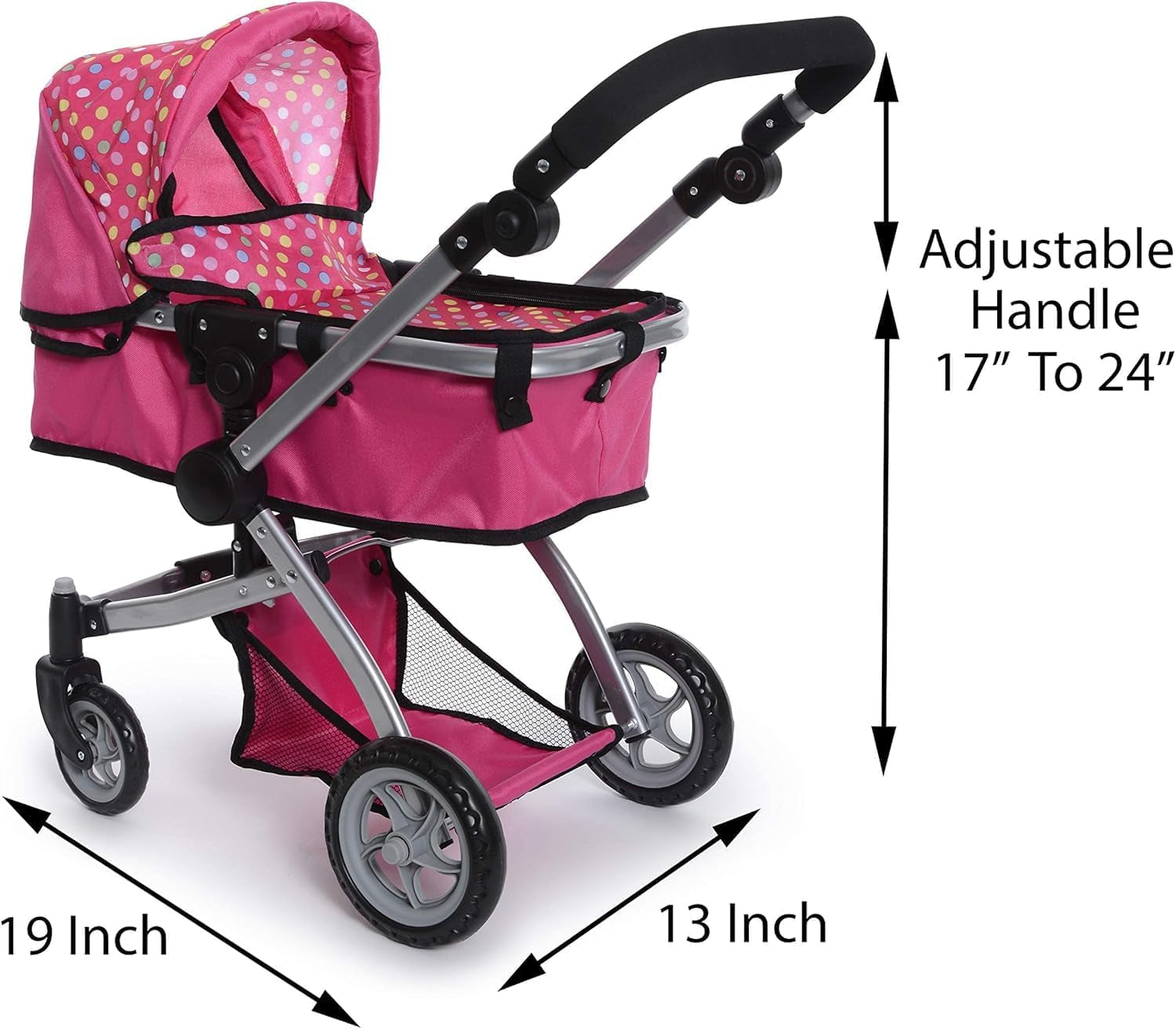 Foldable Pram for Baby Doll with Polka Dots Design with Swiveling Wheel Adjustable Handle