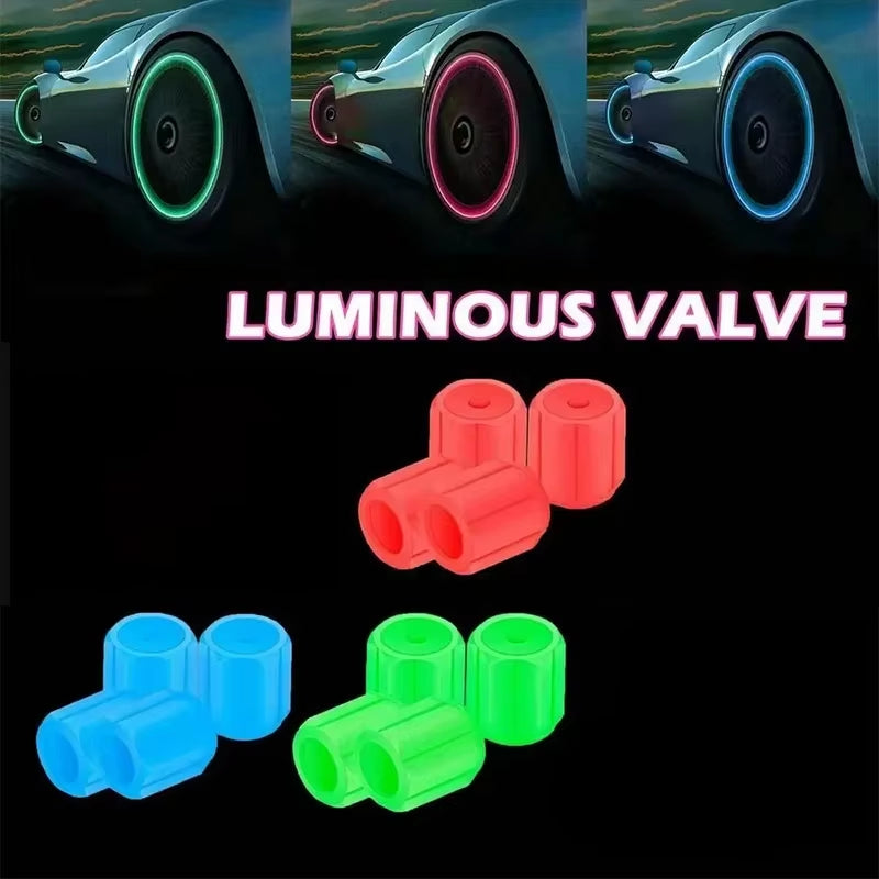 4 Piece Luminous Tire Valve Cap, Suitable for Motorcycle and Car Accessories, Night Riding Safety and Tire Protection