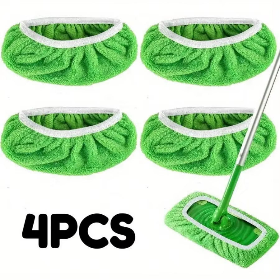 4 Piece Green Mop Cloth, Washable and Interchangeable, Suitable for Surface/Hardwood Floor Cleaning, Does Not Include Mop