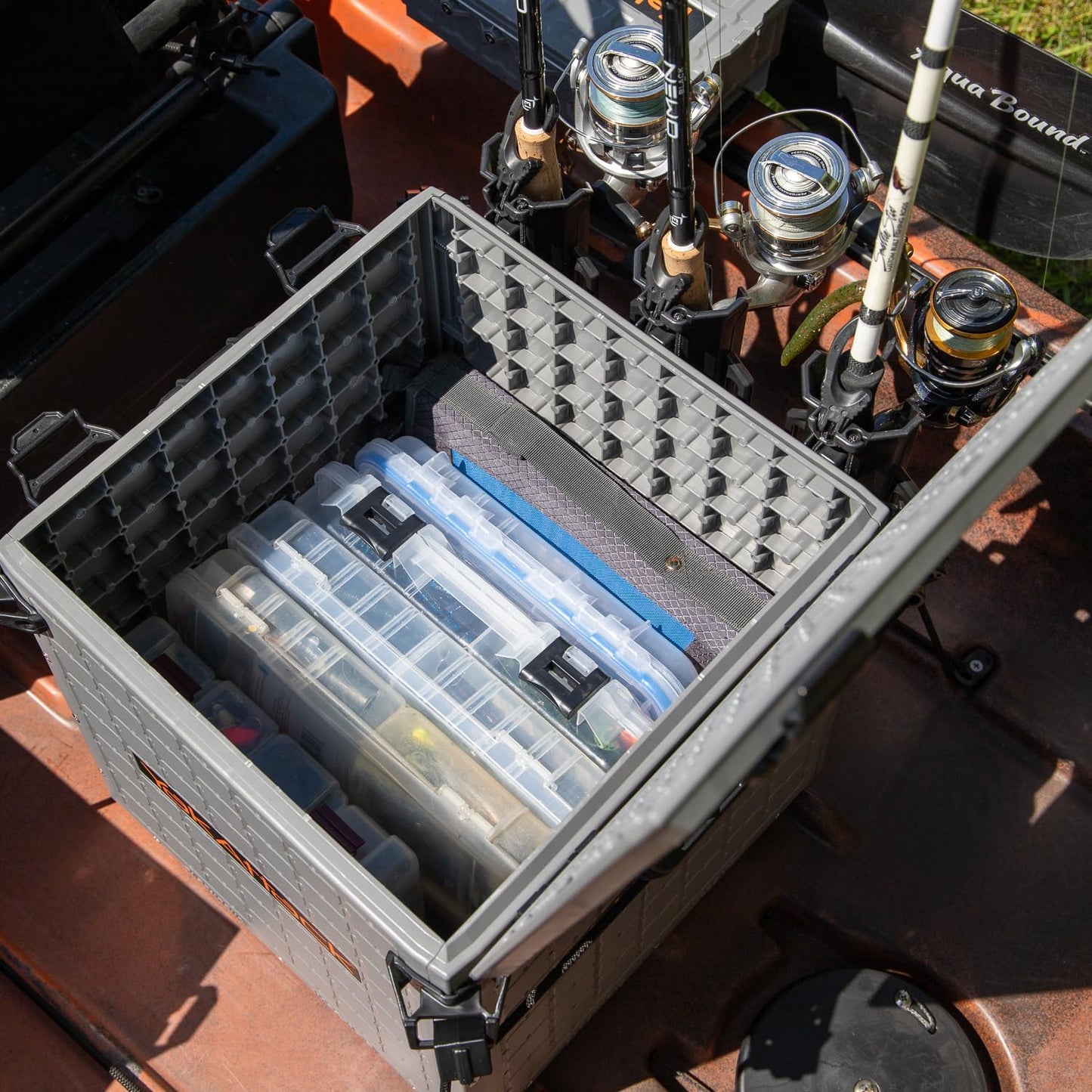 Blackpak Pro 13" X 13" Fishing Crate with 3 Rod Holders - Battleship Grey | Compact Tackle Storage Box & Gear Organizer for Kayaks | Lightweight, Durable & Customizable Marine Accessory