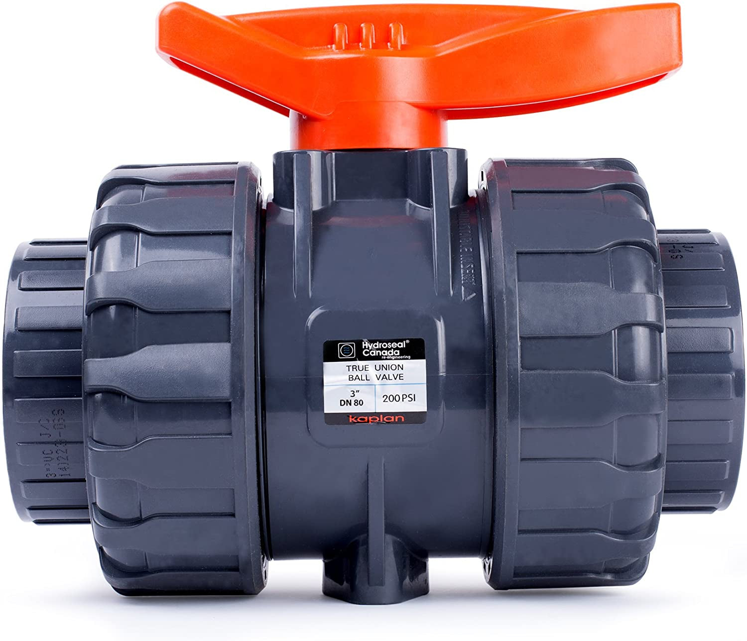 Kaplan 3" PVC True Union Ball Valve with Full Port, ASTM F1970, EPDM O-Rings and Reversible PTFE Seats, Rated at 200 PSI @73F, Gray, 3 Inch Socket
